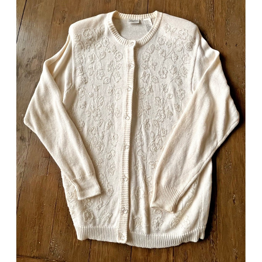 Ivory Cardigan Beaded Sweater Womens Jaclyn Smith Sz Med Vintage Grandmacore C28